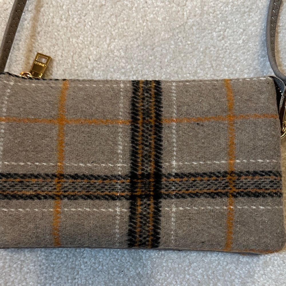 Jen &Co Plaid Crossbody purse- Tan/black/yellow, soft woolen, a lot of storage.